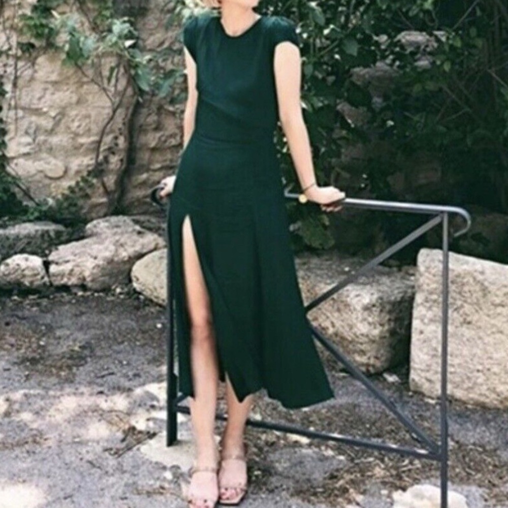 Reformation Elegant Dark Green Dress with Slit